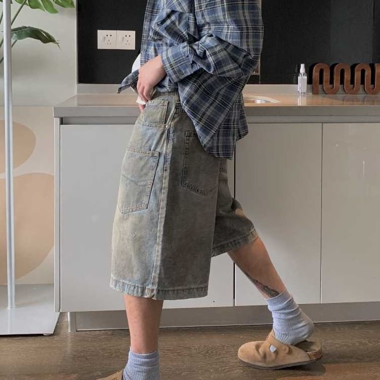 Adotuiastic - Mid Rise Washed Denim Loose Fit Cargo Jorts
