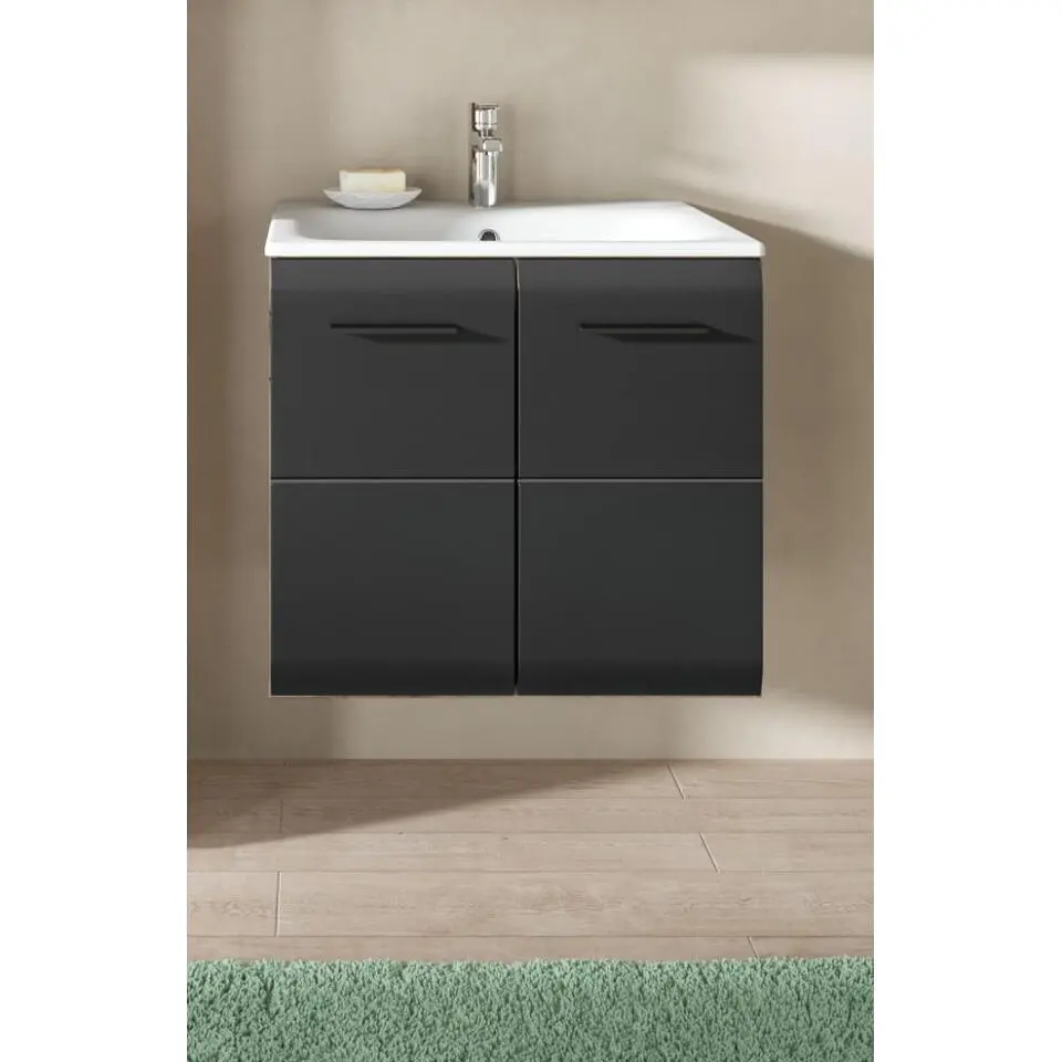 Hioshop Ice wastafel inclusief was 2 deuren zwart mat- eiken decor