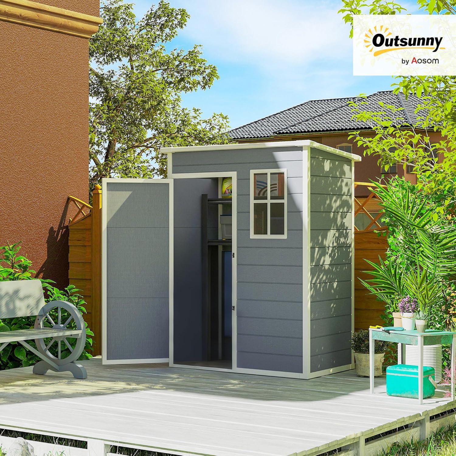 Outsunny Gerätehaus Kunststoff 1,14m² 151 x 92 x 193cm Geräteschuppen mit Pultdach Boden Fenster Abschließbarer Tür wetterfest Gartenhaus Outdoor Garten Schuppen für Hinterhof Grau