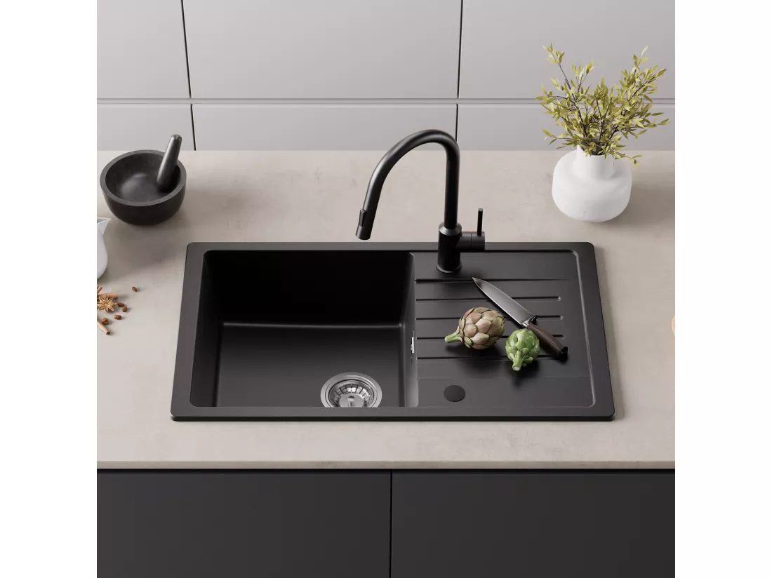Evier 1 Bac en Quartz et Résine - Noir Evier avec Egouttoir 78x45cm + Robinet de Cuisine à eau Froide,Brossé