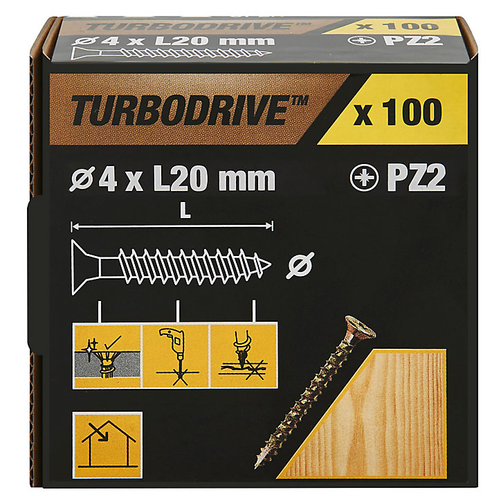 Vis à bois Turbodrive Premium pozidriv zinguée jaune 4x20 mm - 100 pièces