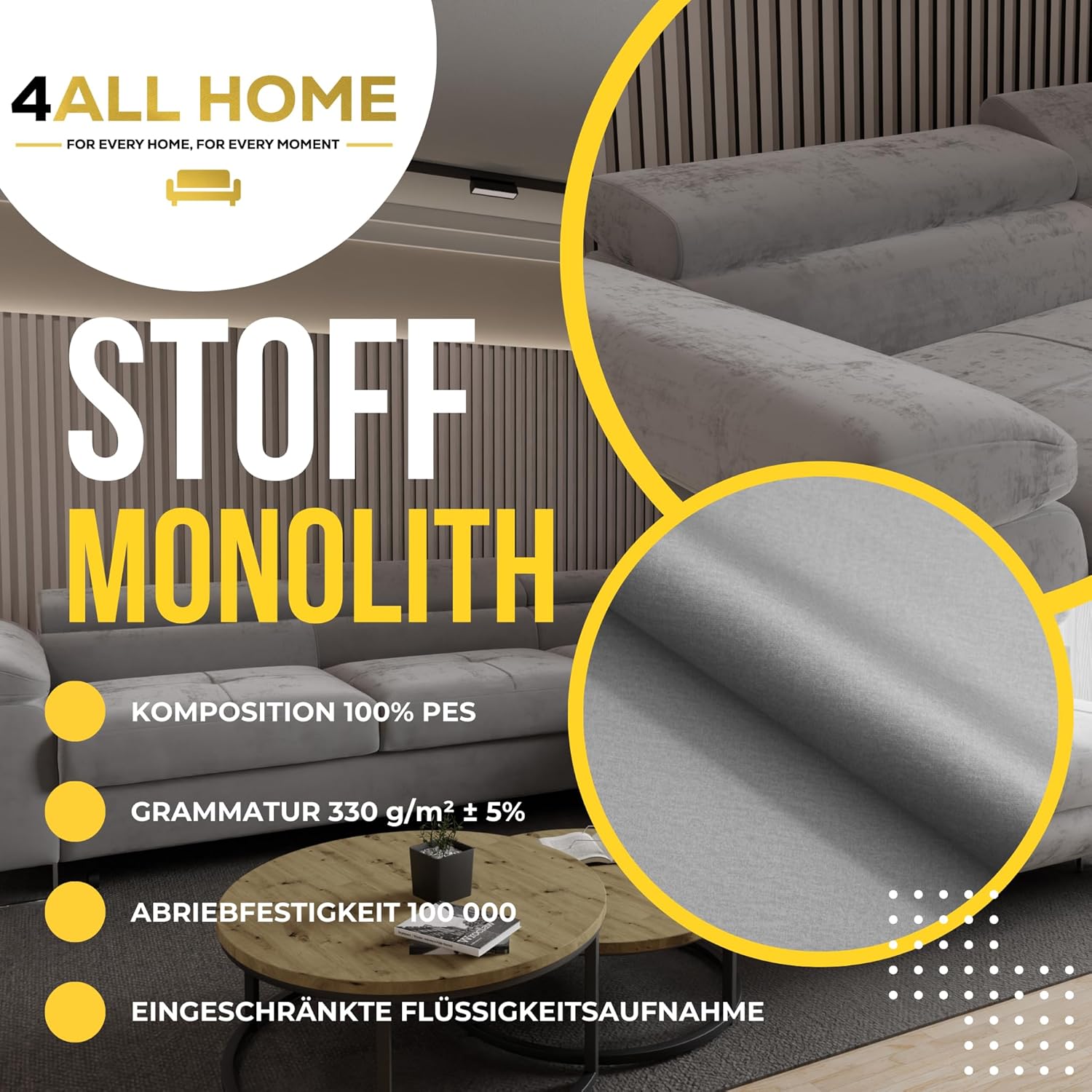 Ecksofa Luna mit Schlaffunktion und Bettkasten – 275x202 cm – verstellbare Kopfstützen – Liegefläche 193x125 cm – Couch – Schlafsofa – L-Sofa mit Stauraum (Monolith 84 Hellgrau, Seite: Links)