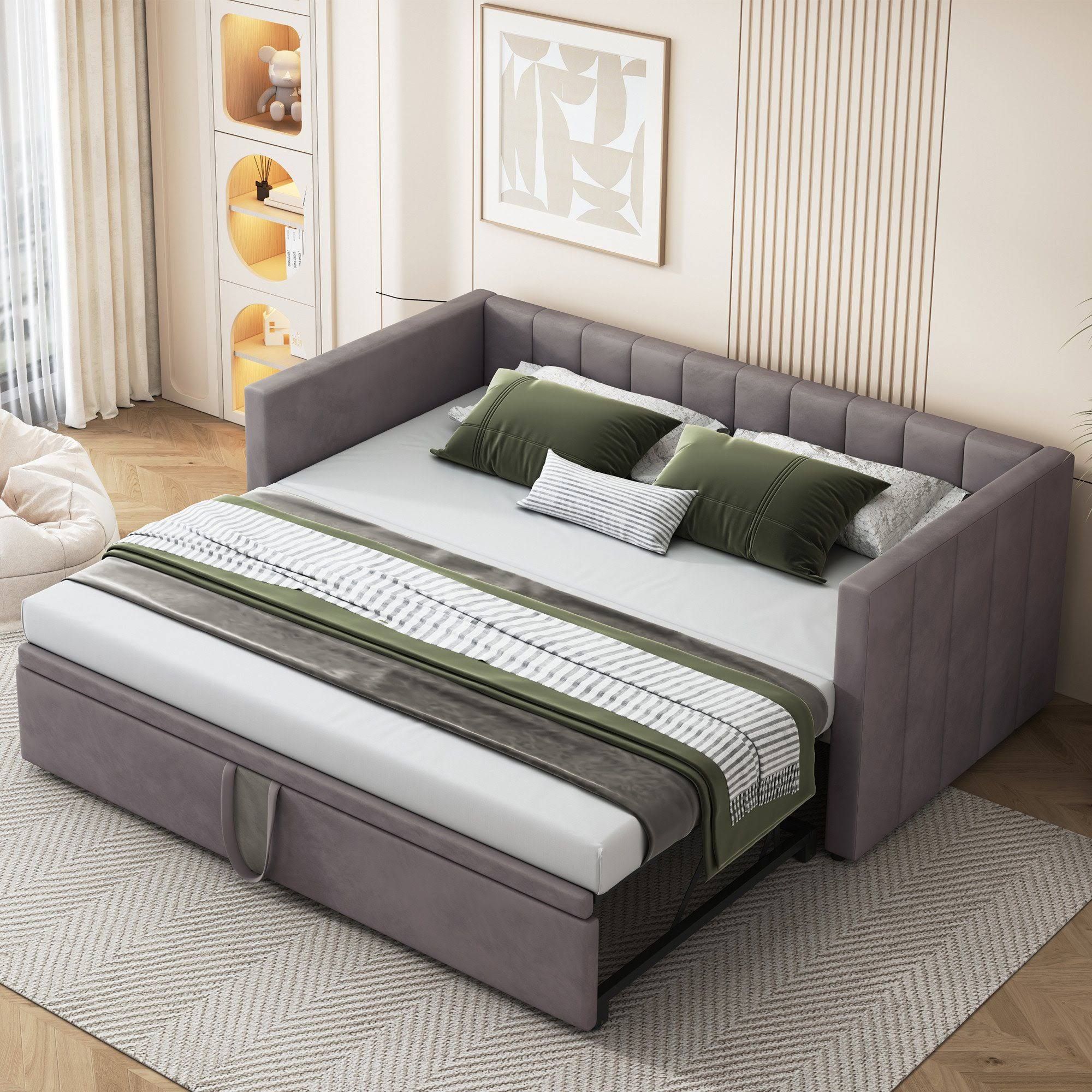 MODFU Schlafsofa Polsterbett Jugendbett Doppelbett Kinderbett Daybett Tagesbett, mit Lattenrosten, Multifunktionsbett aus Samt, Ausziehbares Bett, ohn