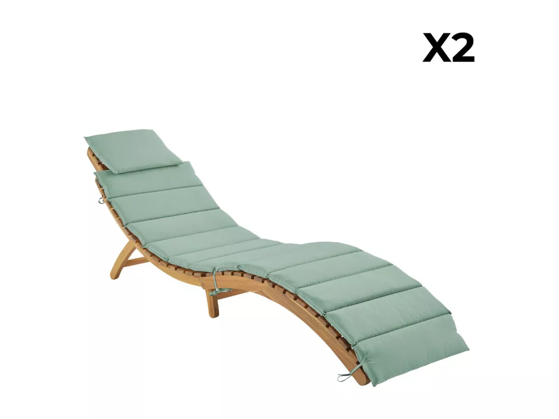 Lot de 2 bains de soleil en bois d'acacia LAURE avec coussin vert de gris en polyester. 184 x 55 x 63.5 cm