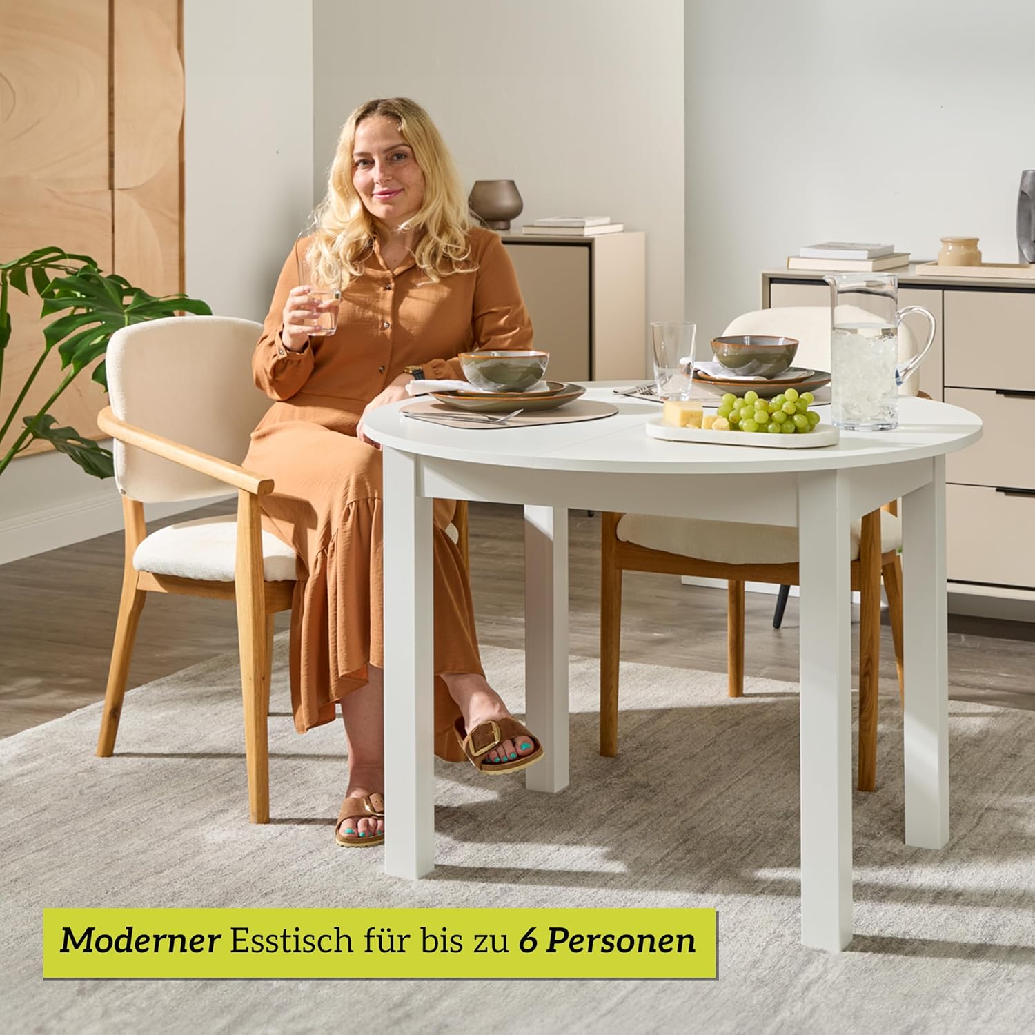 smart Esstisch Rund 100 cm Weiß, Küchentisch ausziehbar bis 140 cm, Esszimmertisch aus Holzwerkstoff inkl. erweiterbare Auszugsplatte, moderner Tisch für bis zu 6 Personen