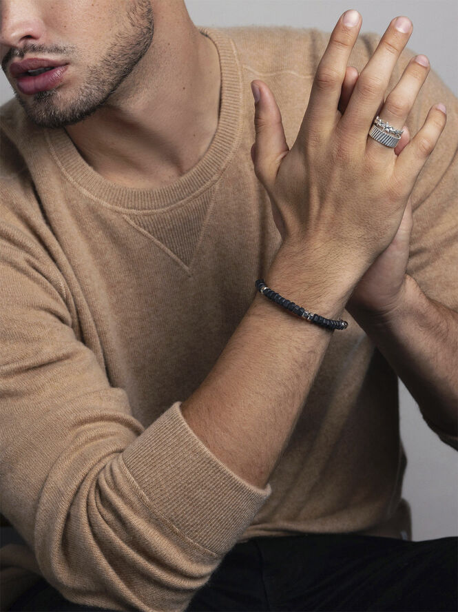 Nialaya Men's Hexagon Beaded Bracelet with Black Onyx and Silver Black