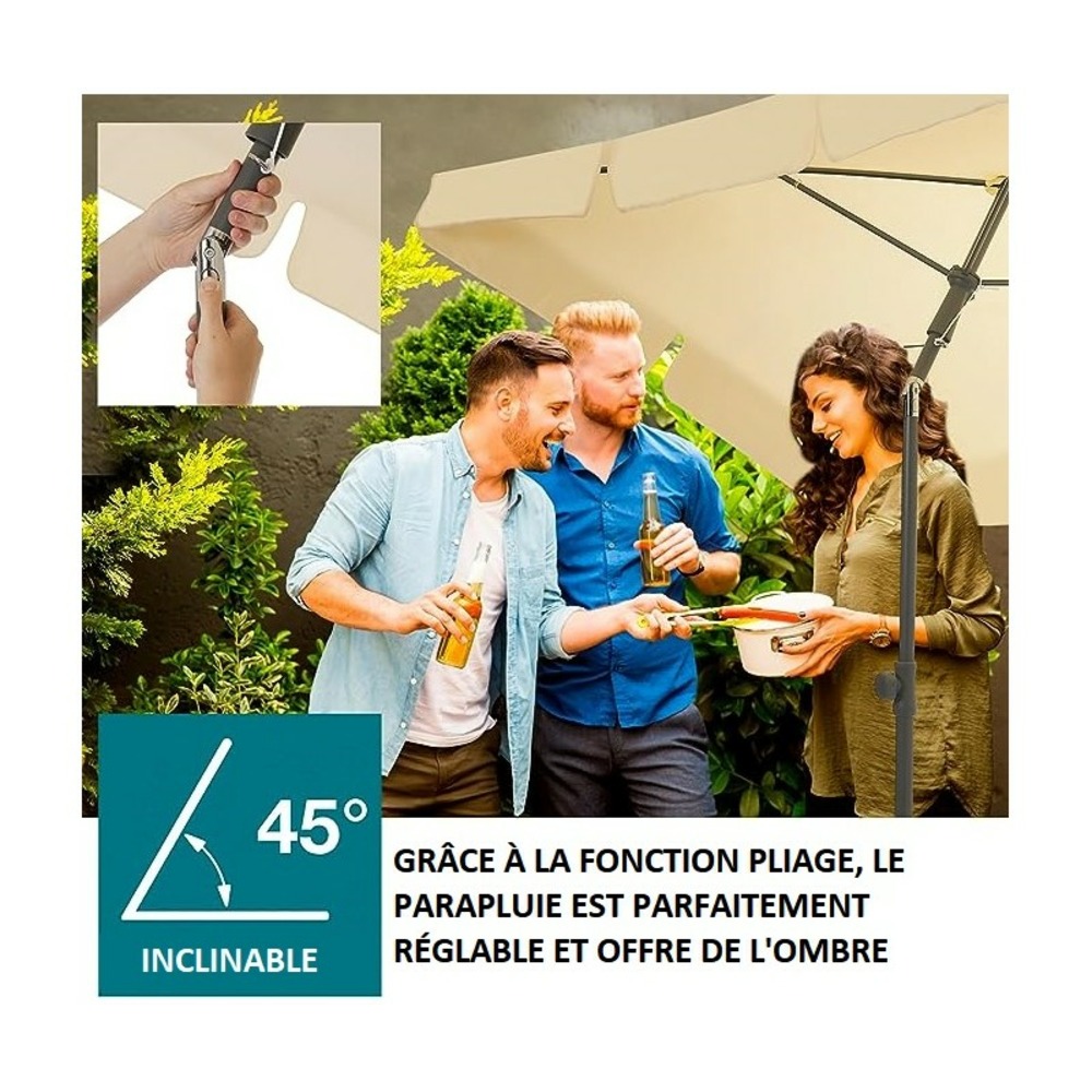Parasol rectangulaire avec housse de protection réglable et inclinable 45° beige 125x200cm protection uv 50+