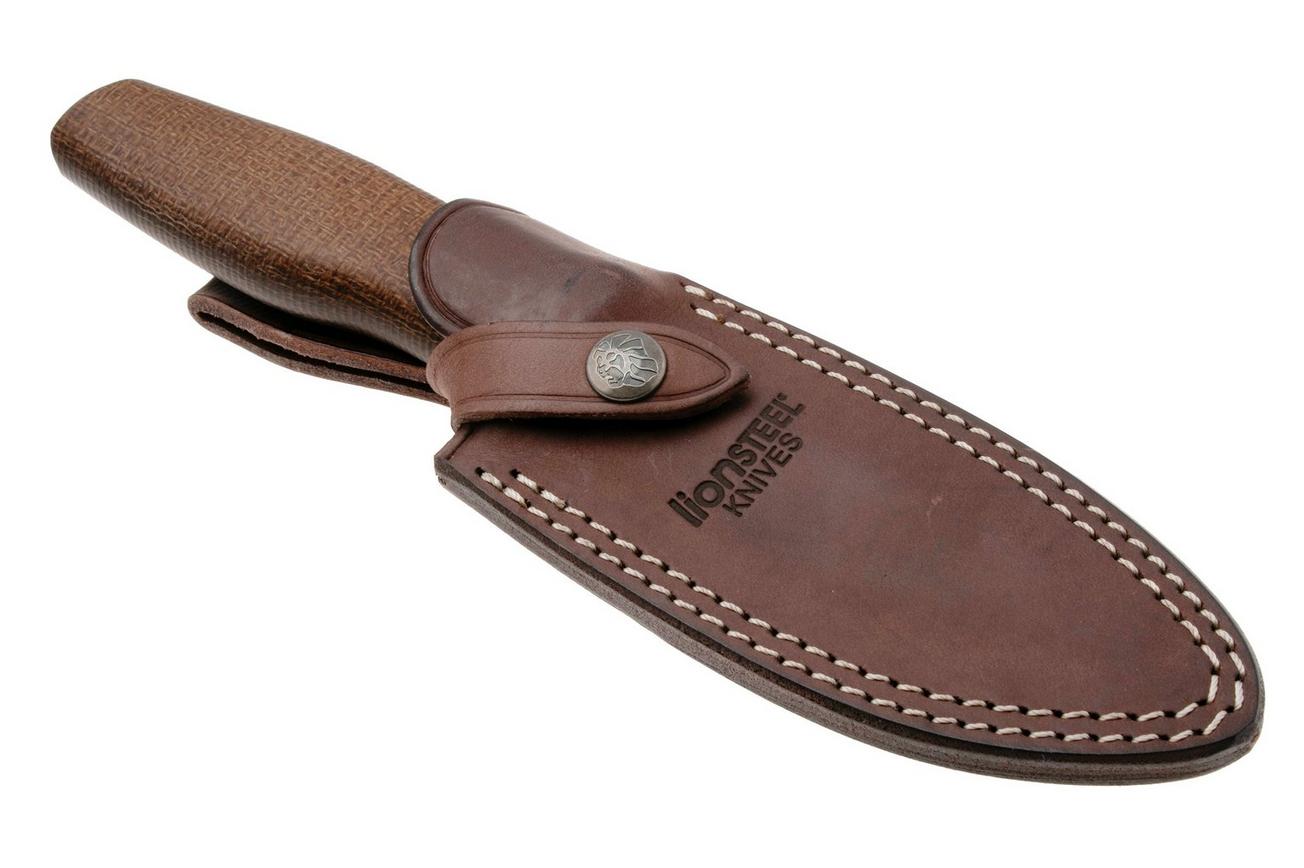 LionSteel Acha AH BLN Satin M390, Natural Burlap Micarta, Titanium Guard, vaststaand mes