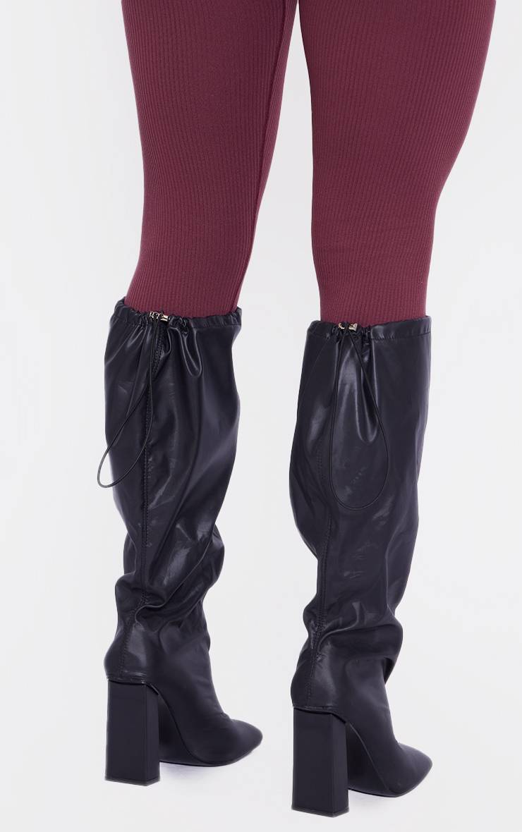 Noir Bottes Hautes Au Genou À Talon Bloc Coupe Large En Synthétiquecuir Bout Carré Avec Détail Cordon