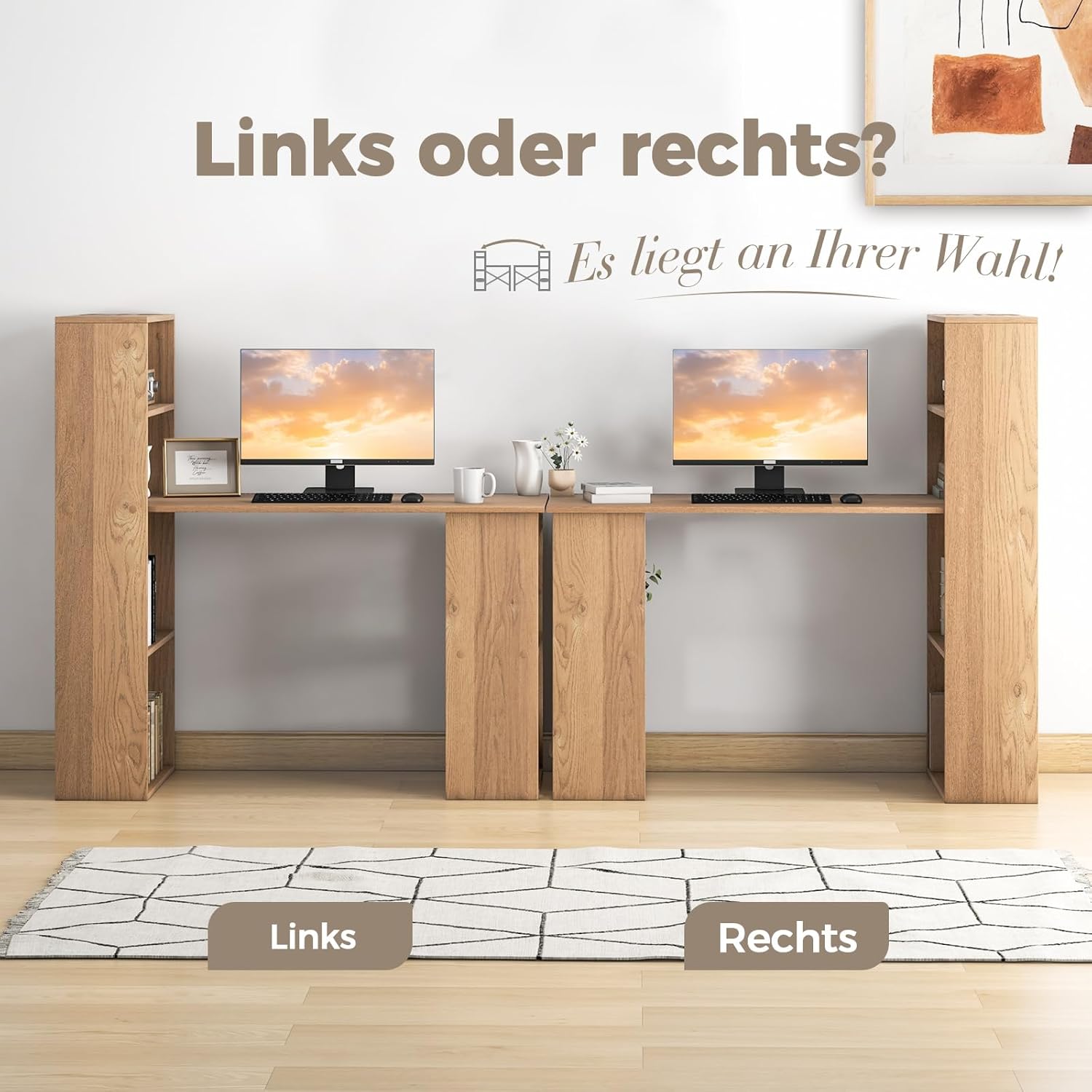 COSTWAY Schreibtisch mit Bücherregal, Computertisch mit 6 Regalen, PC-Tisch mit Regal rechts oder Links, Bürotisch, Arbeitstisch für Zuhause, Büro und Wohnheim, 122 x 56 x 122 cm (Natur)