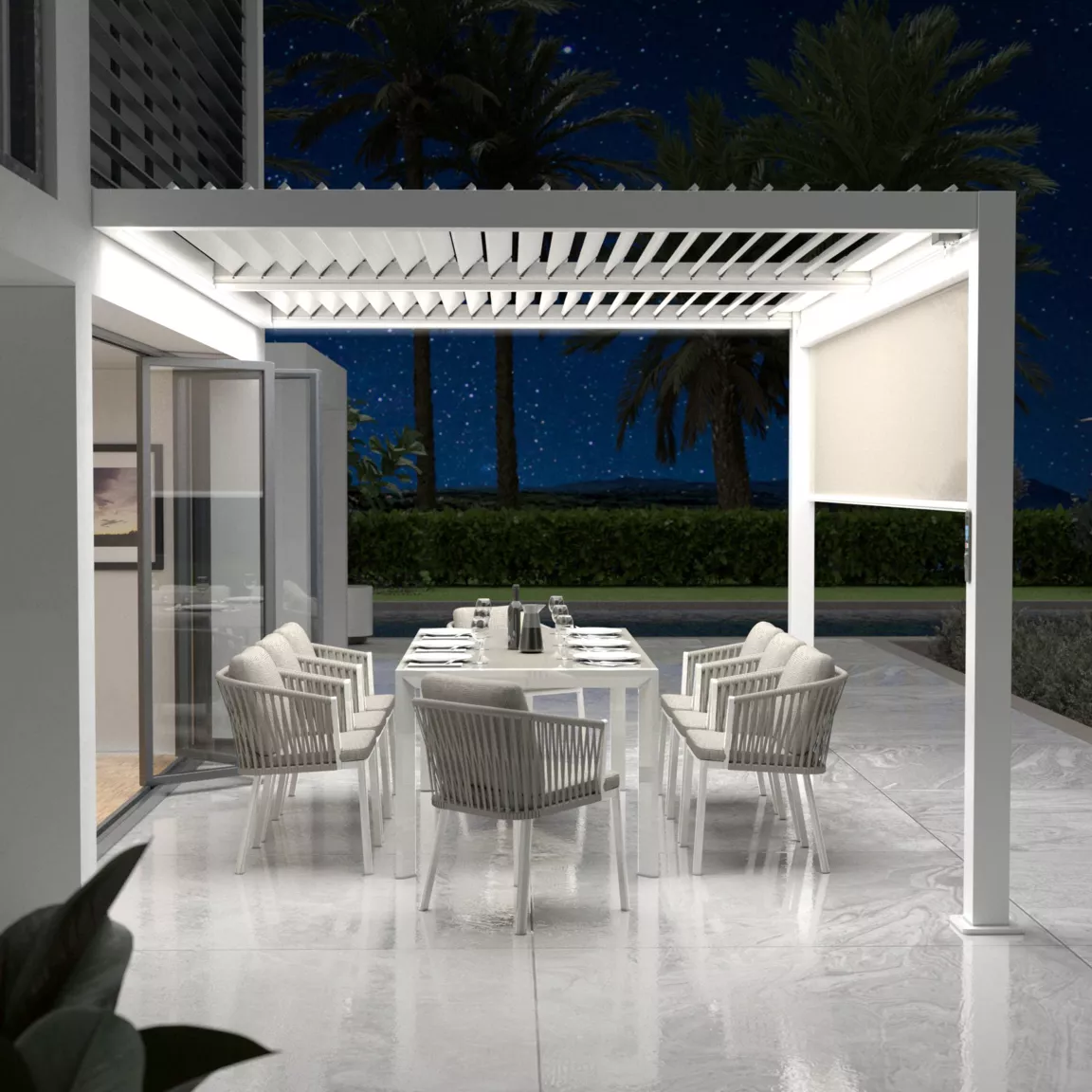 Pergola bioclimatique Adossée motorisée aluminium et LED (3 x 4 m) Blanc