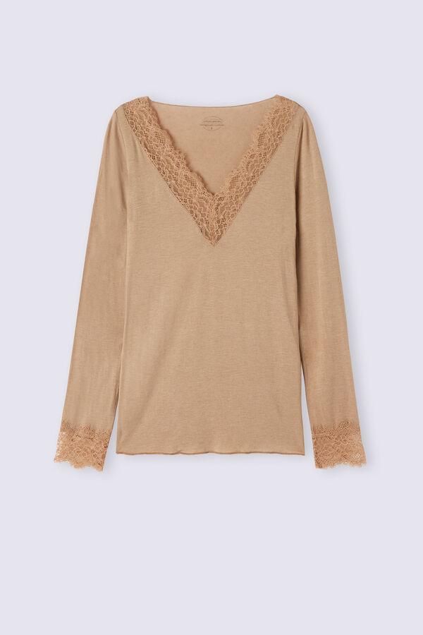 Camiseta de manga comprida em renda, modal e cashmere ultraleve.