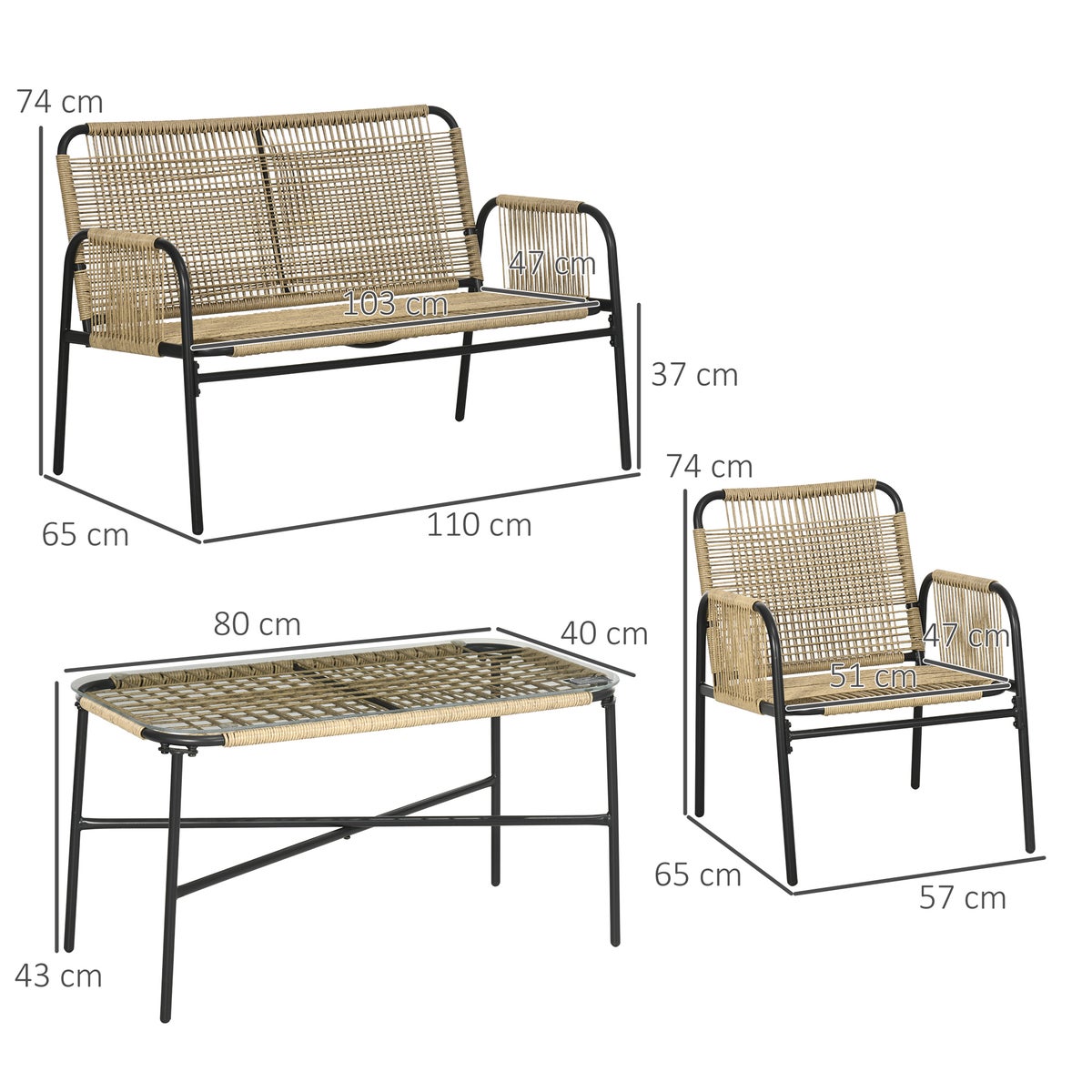 Outsunny 4-delige polyrotan tuinmeubelset, zitgroep met 1 tweezitsbank, 2 fauteuils, 1 salontafel met glazen tafelblad, 110L x 65B x 74H cm, PE rotan, polyester, geel