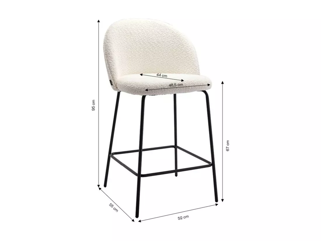 Lot de 2 tabourets de bar en tissu bouclette écru, piètement noir - Alta