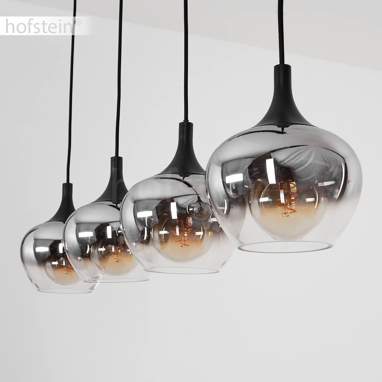 Hängeleuchte Azurara, Hängelampe aus Metall/Glas in Schwarz/Rauchfarben, Leuchte 4-flammig im Vintage/Retro Design mit Schirmen aus Glas (Ø19,5cm), Höhe max. 121cm, 4x E27 max. 40W, ohne Leuchtmittel