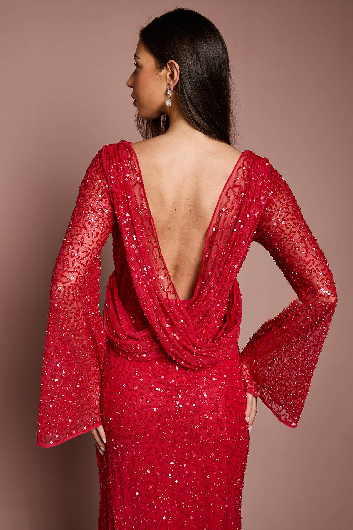 Coast Robe Maxi à Sequins Manches Longues Évasées et Dos Drapé