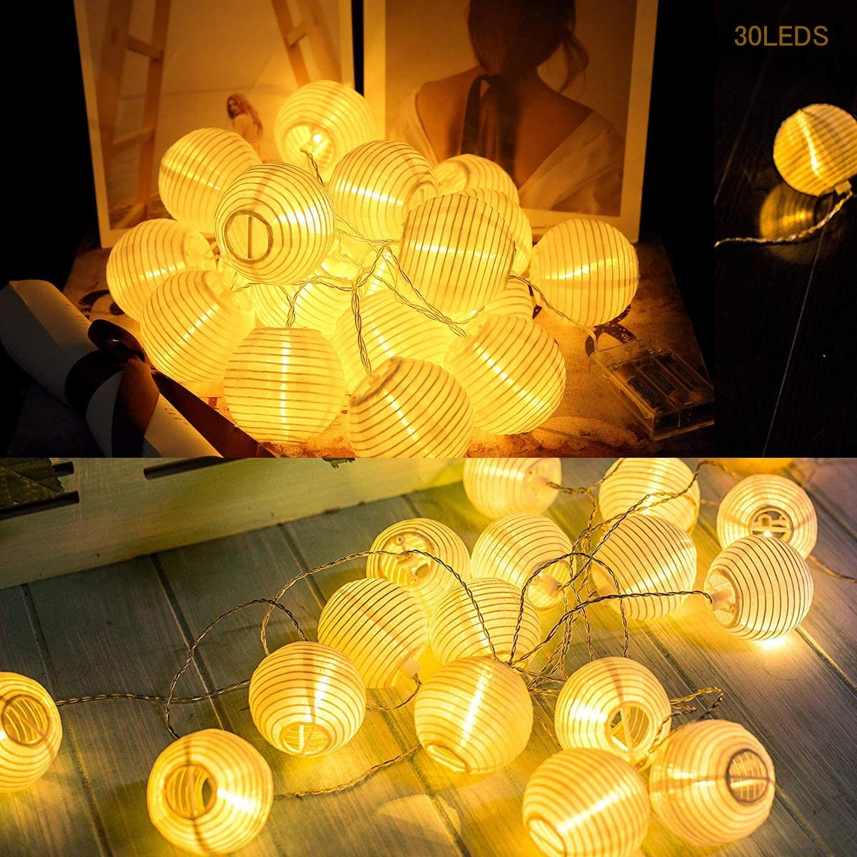 (3m) 20 LED's Papier Deko Lichterkette Lampion Beleuchtung (Batteriebetrieben) - Warmweiss