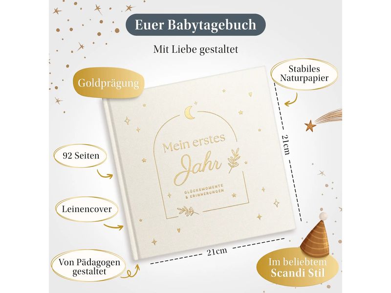 Eulentaler Babyalbum Gold Leinen, 92 Seiten Liebevoller Erinnerungsschatz fürs erste Babyjahr