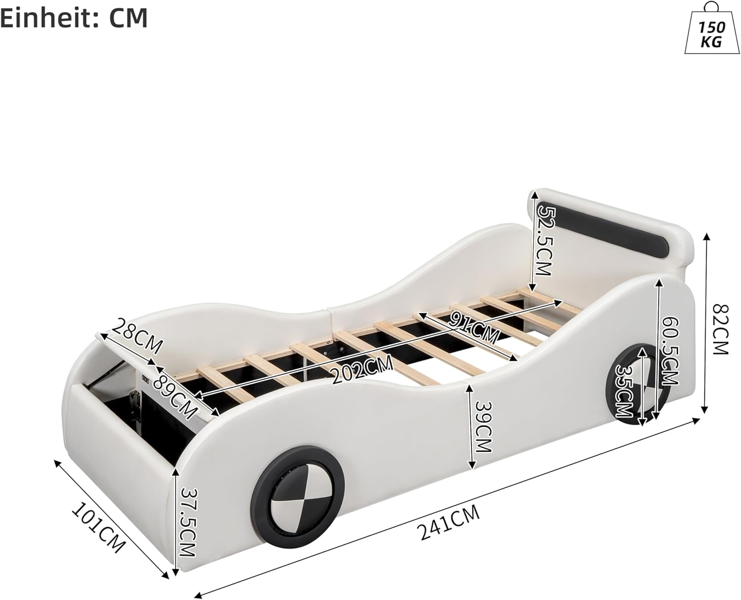 Kinderbett Autobett 90x200, Polsterbett Einzelbett Jugendbett mit leuchtenden Rädern&Stauraum, Aufregendes Auto Kinderbett für kleine Rennfahrer, Kinder Spielbett mit Lattenrost, PU,Ohne Matratze,Weiß