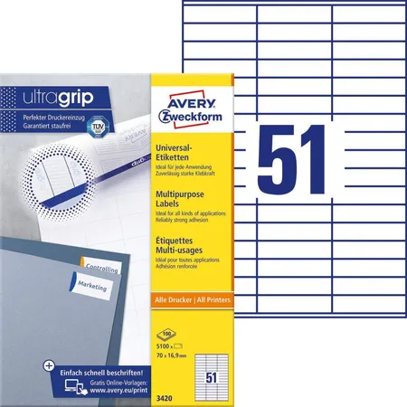 Avery Zweckform 3420 Universal-Etiketten,A4 mit ultragrip,70 x 16,9 mm, 100 Bogen/5.100 Etiketten, weiß