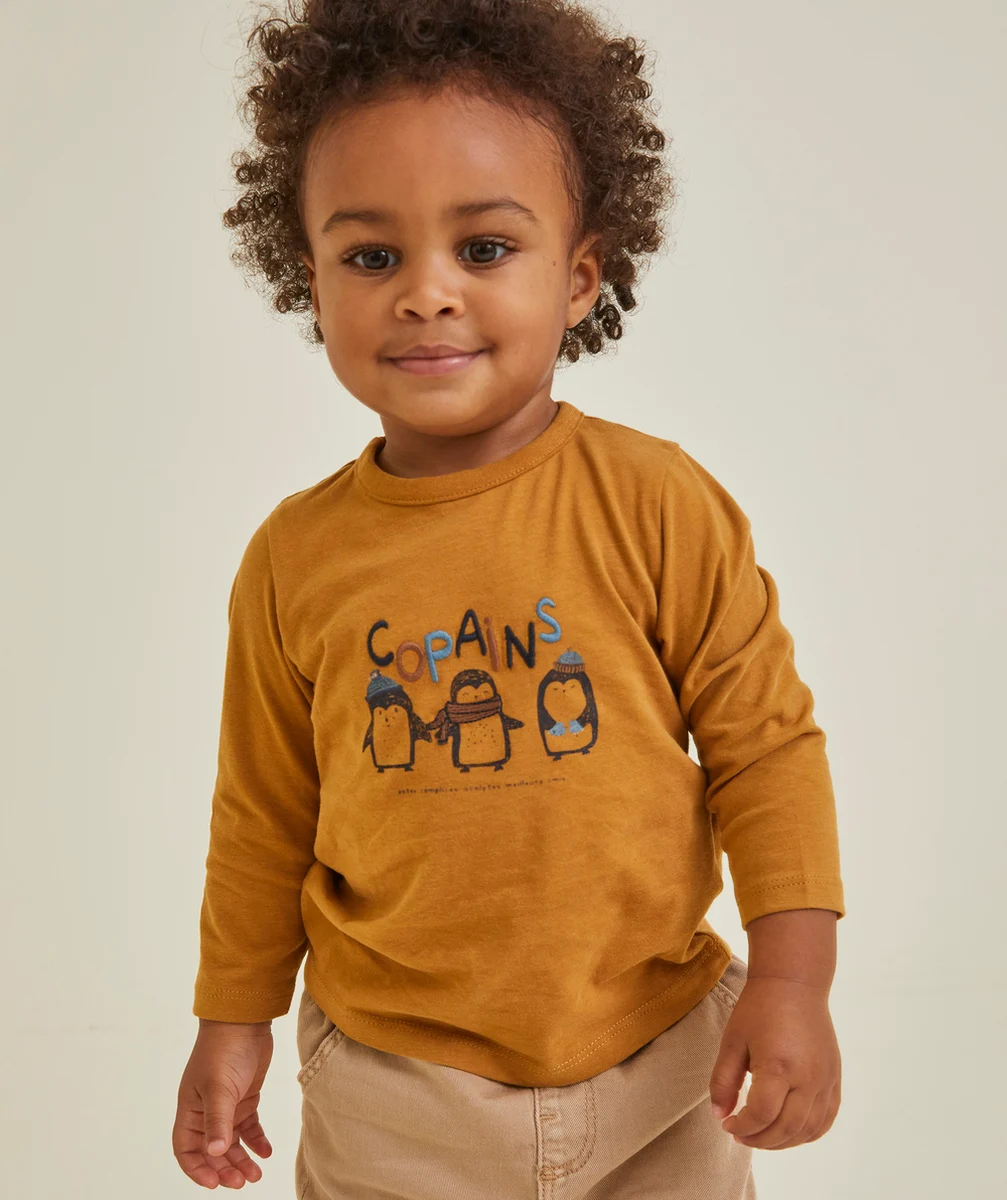 T-SHIRT BÉBÉ GARÇON EN COTON MARRON MOTIFS PINGOUINS ET MESSAGE