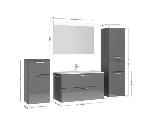 Badkamermeubelset NOBILIA Programma 2 BxHxD 210 x 169,1 x 48,7 cm, fronten hoogglans grijs, met wastafelmeubel wit en spiegel met ledverlichting, halfhoge kast, onderkast, greep mat chroom, 269