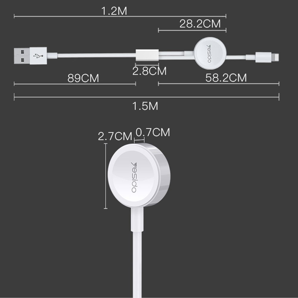 (1.2m) 2A 2in1 USB A auf Lightning / Apple Watch Magnetisches Ladekabel Datenkabel - Weiss
