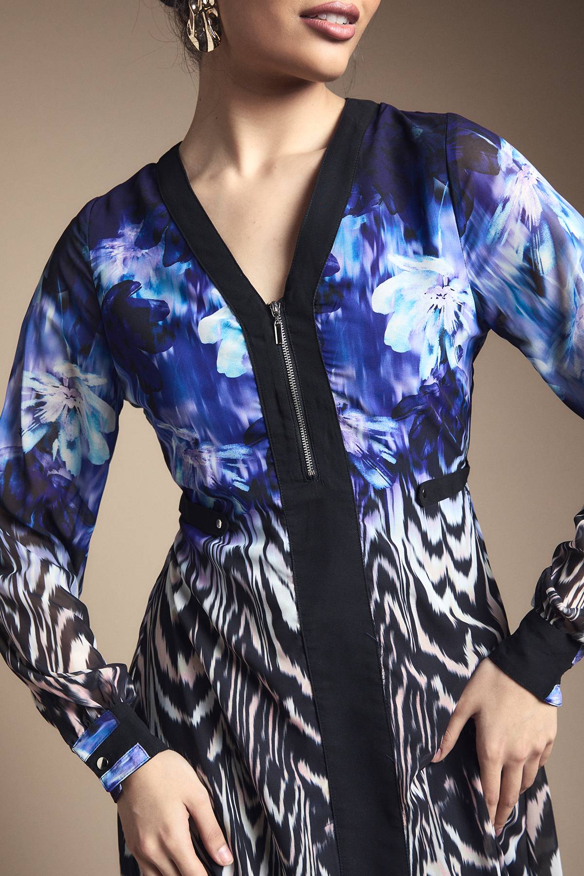 Wallis Robe Midi en Mousseline à Bordure Florale avec Fermeture Éclair Devant