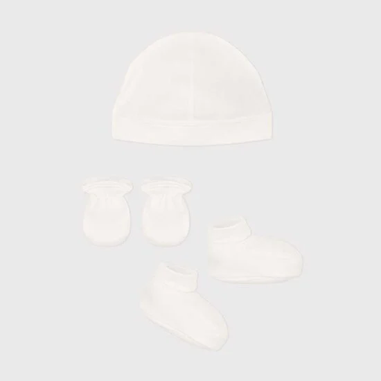 Ensemble Bonnet + Chaussons + Moufles   Blanc        3 mois   de               Petit Bateau