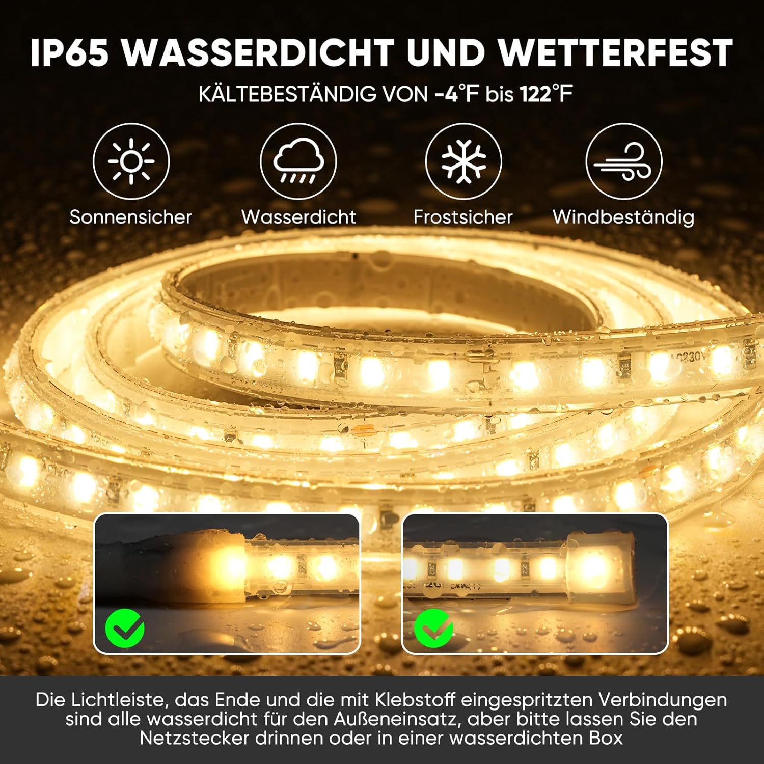 Shine Decor LED Streifen 20m, AC 220V 230V IP65 Wasserdicht LED Band, SMD 2835 120 leds/m Ultrahohe Helligkeit Lichtleiste für Home Decoration Küche Garten LED Beleuchtung (20M, Warmweiß)