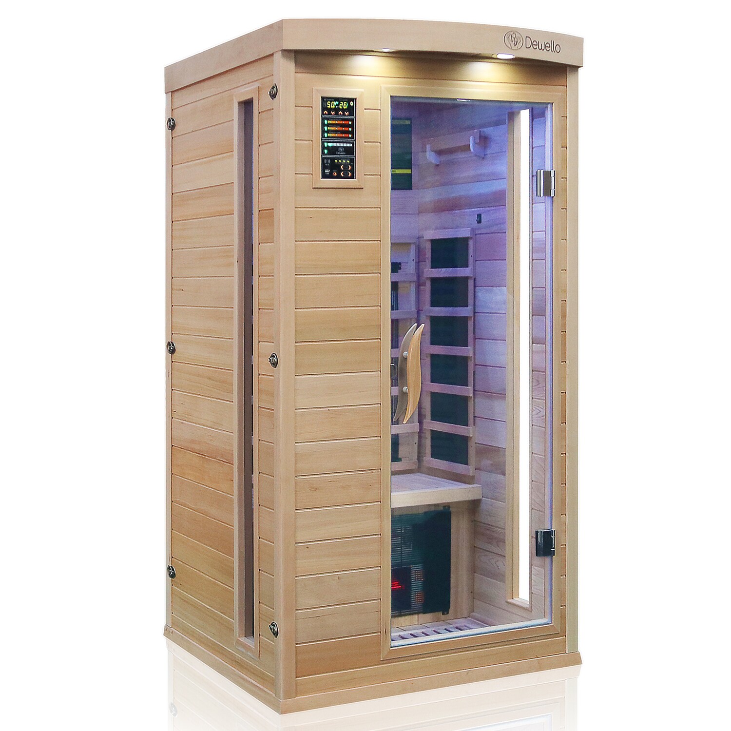 Dewello® Infrarotkabine Pierson Pro 100x100 für 1 Person, Hemlockholz & Zeder, 3 DUO-Vollspektrumstrahler, 3 Karbonstrahler