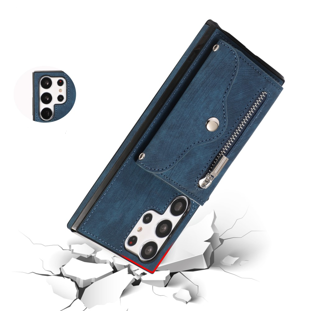 Samsung Galaxy S23 Ultra 5G Necklace Leder Schutz Hülle mit Kartenfächer   Handykette (RFID Schutz) - Blau