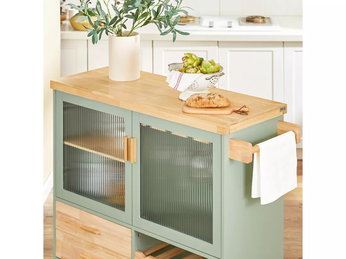 SoBuy Desserte de Cuisine sur Roulettes, Îlot Central de Cuisine, Chariot de Cuisine, Buffet avec Plateau en Bois d'Hévéa, 2 Portes, 2 Tiroirs et Porte-Bouteilles à 2 Niveaux, Beige, 109 x 38 x 92 cm, FKW114-GR
