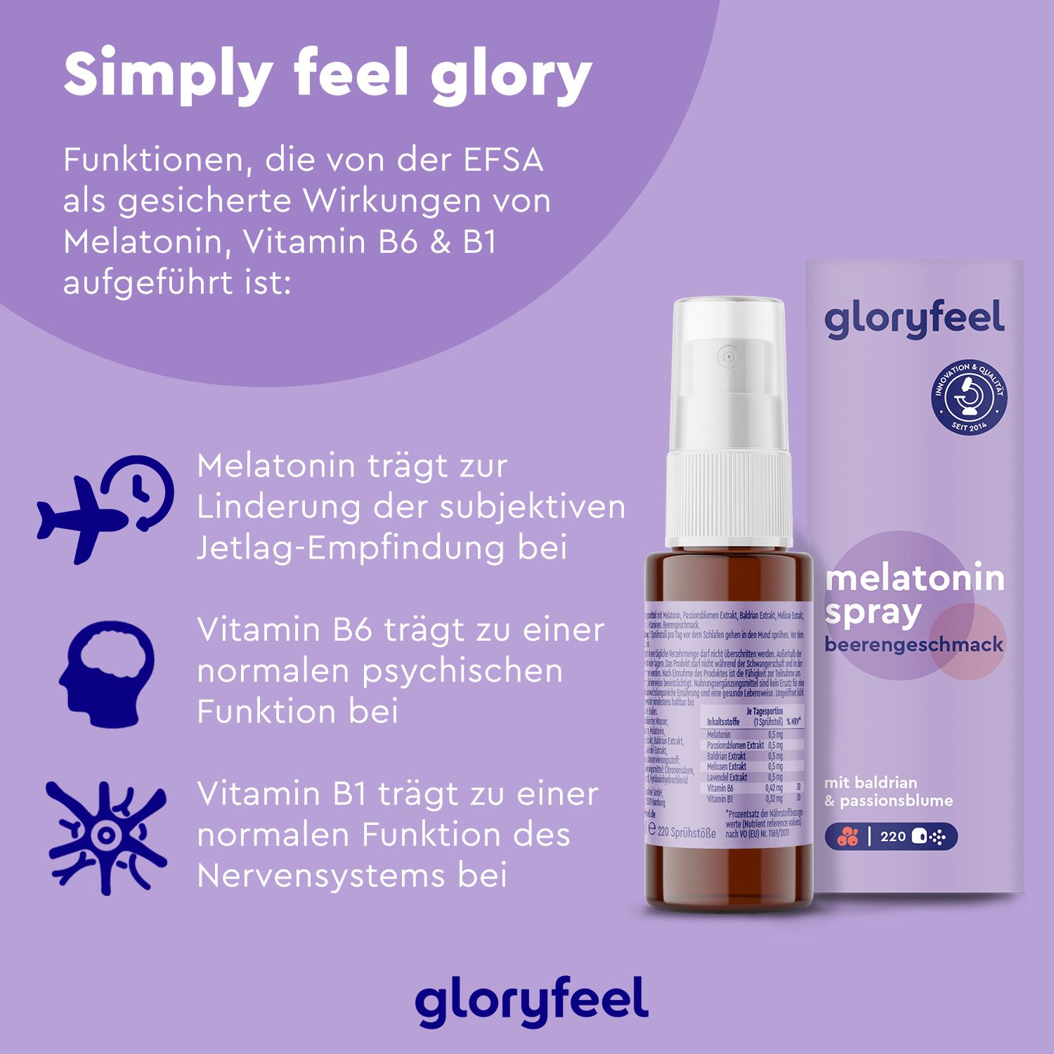 gloryfeel® Melatonin + Baldrian, Lavendel & Melisse Spray Beere