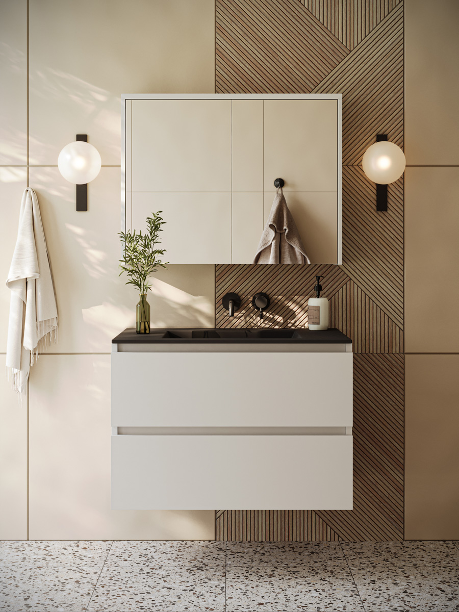 Fontana Rovigo badmeubel 80cm wit mat met zwarte wastafel zonder kraangat en spiegelkast zonder verlichting