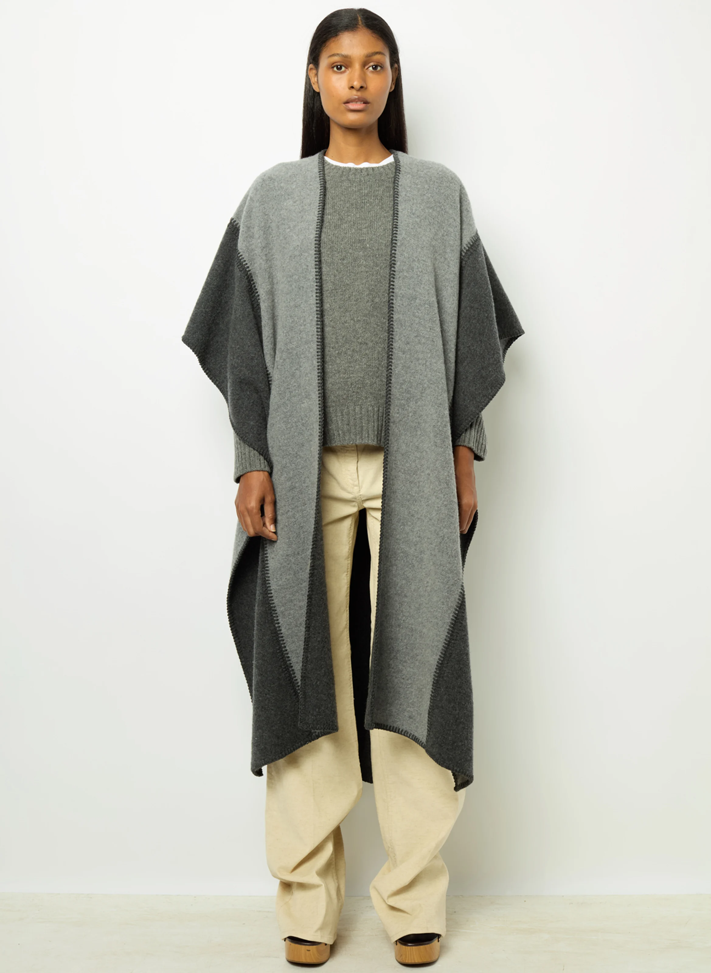 DAMIANE - Poncho col v en laine mélangée | Gris