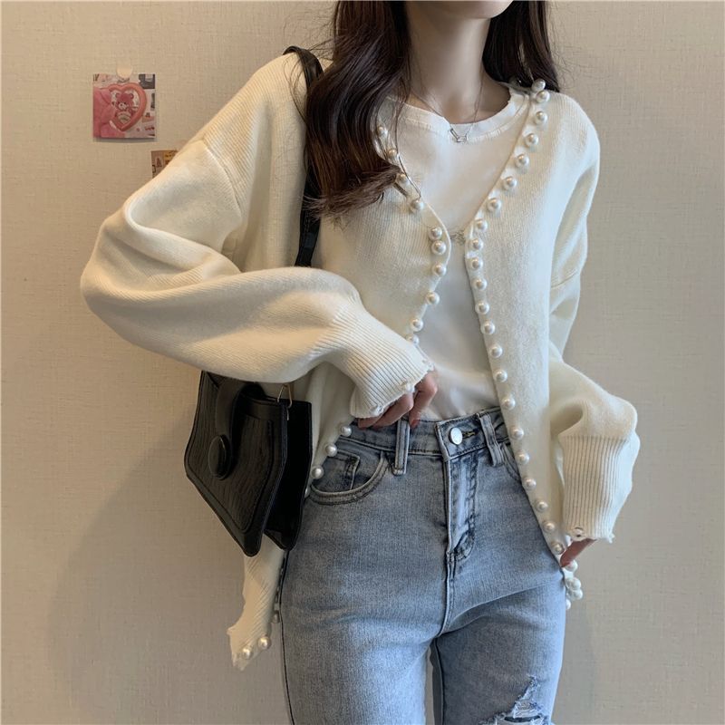 Everose - Cardigan met imitatieparelrand