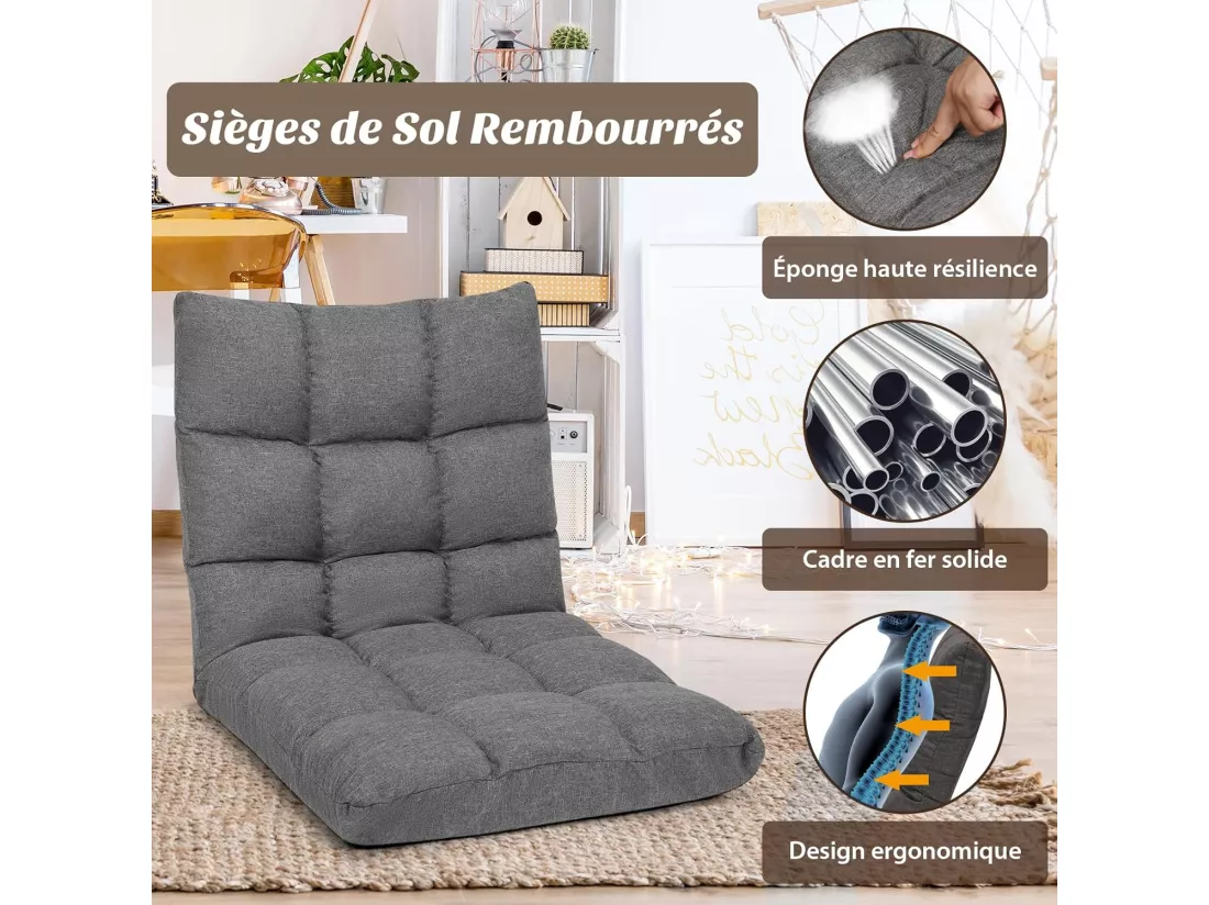 Chaise de Sol pour Méditation - 14 Positions Réglable Cadre en Acier Robuste Tissu en Coton et Lin Respirant,Housse Amovible et Lavable Idéal pour Salon et Salle d'étude (Gris)