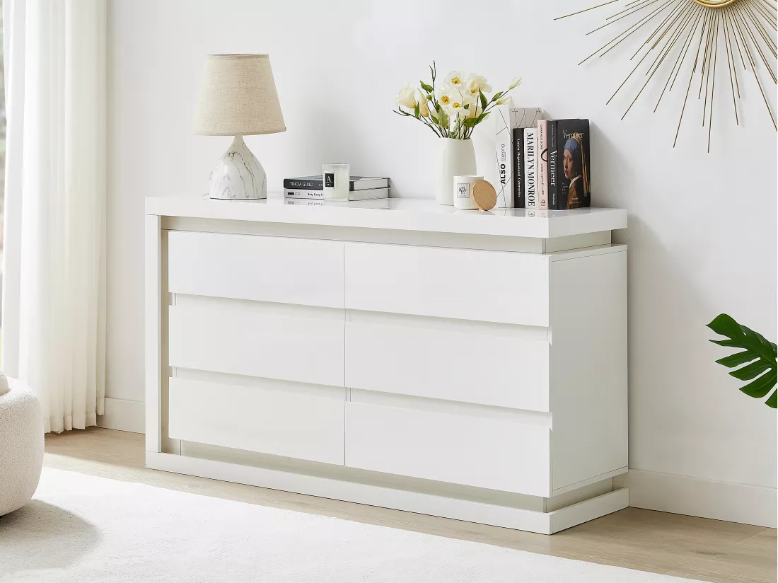 Commode 6 tiroirs - Avec LEDs - MDF - Blanc laqué - FLARANCIA