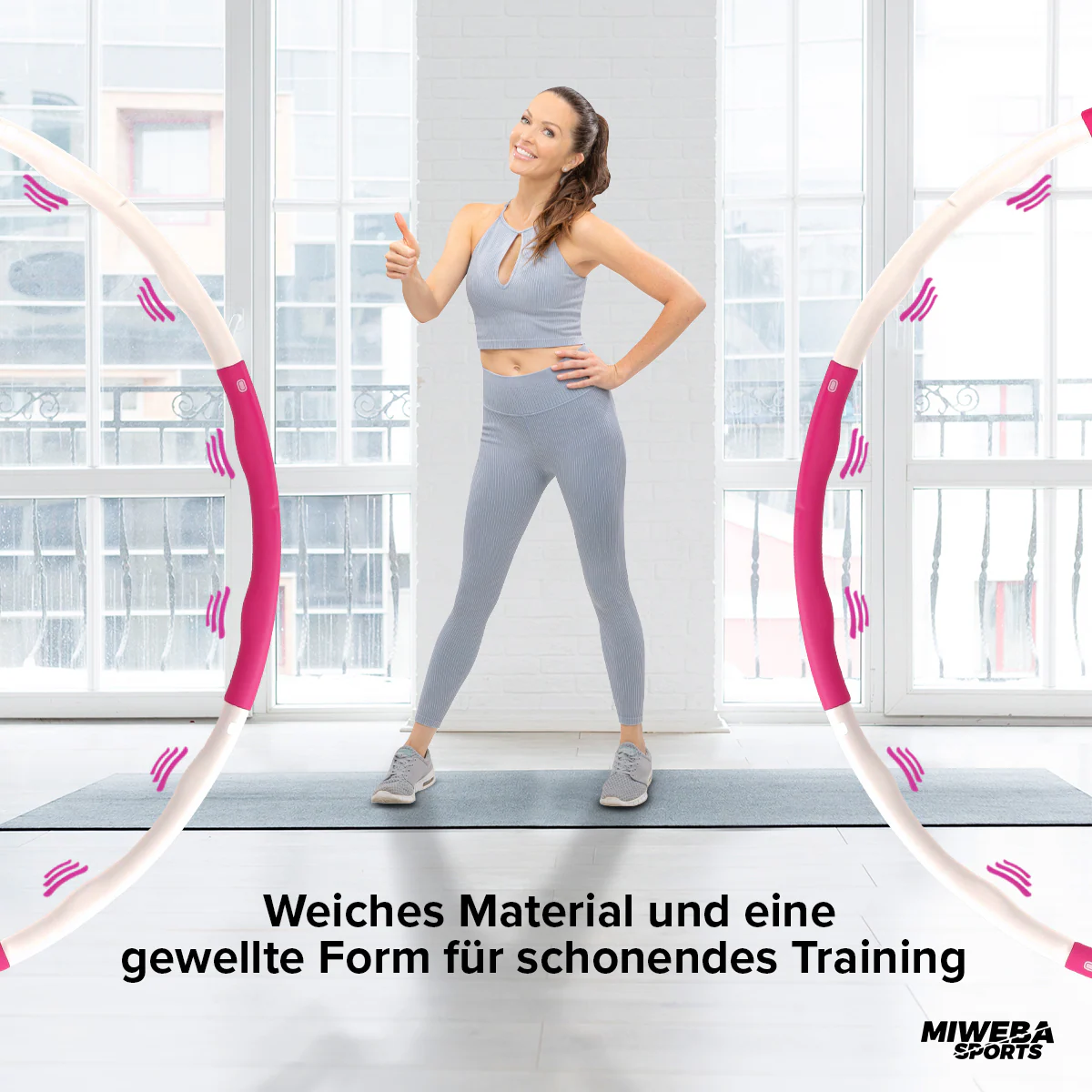 Miweba Sports Hula-Hoop-Reifen 1,2 kg für Erwachsene, Durchmesser 100 cm, 8-teilig, Wellenform, bunt (Rosa/Weiß)