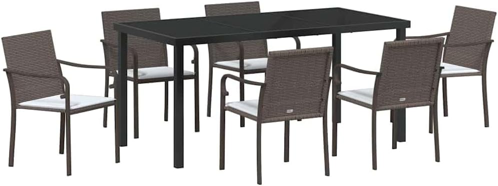 Garten Essgruppe 7-teilig, Braun Poly Rattan, UV-beständig, mit 6 Stühlen & Tisch, für Terrasse, Balkon & Outdoor-Bereich, langlebiges Gartenmöbel-Set