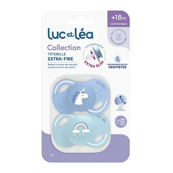 Coleção Luc et Léa 2 Chupetas Anatômicas com Bico Extrafino +18 meses Unicórnio