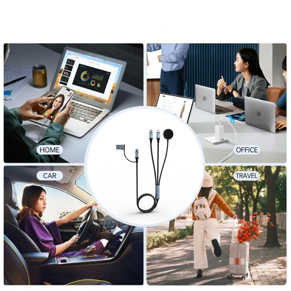 (1m) 100W 3in1 USB C / USB A auf 2 x USB C / Apple Watch Magnetisches Ladekabel Nylon Datenkabel - Blau