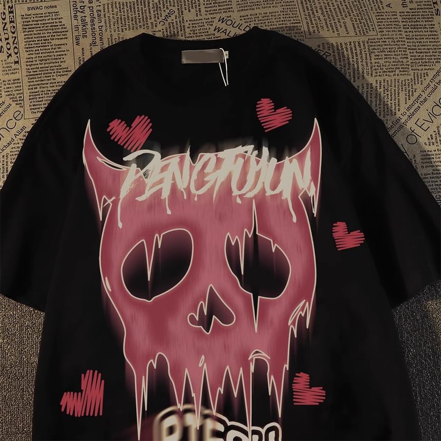 Bay Go Mall - T-shirt met ronde hals en duivelsprint, met elleboogmouwen