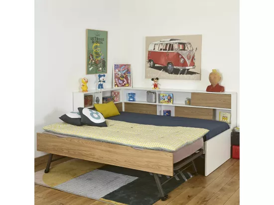 Pack lit cosy gigogne avec 2 matelas 90x190 cm panneaux de fibres blanc et bois PLAY