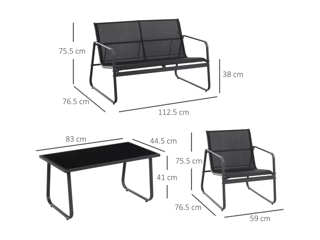 Sakura - Salon de jardin design avec canapé + 2 fauteuils + table basse avec étagère en verre