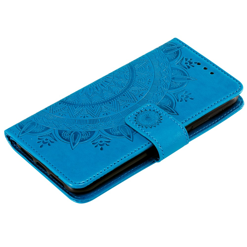 iPhone 13 Pro Leder Tasche Wallet - Mandala Flowers Imprint - Blau