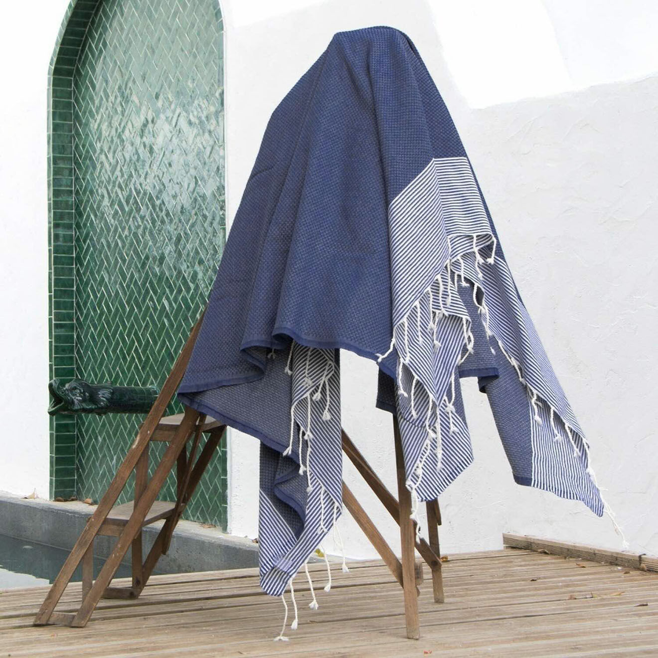 Febronie Fouta Famiglia XXL Nid d'Abeille Ibiza bleu jean -  200x200 cm