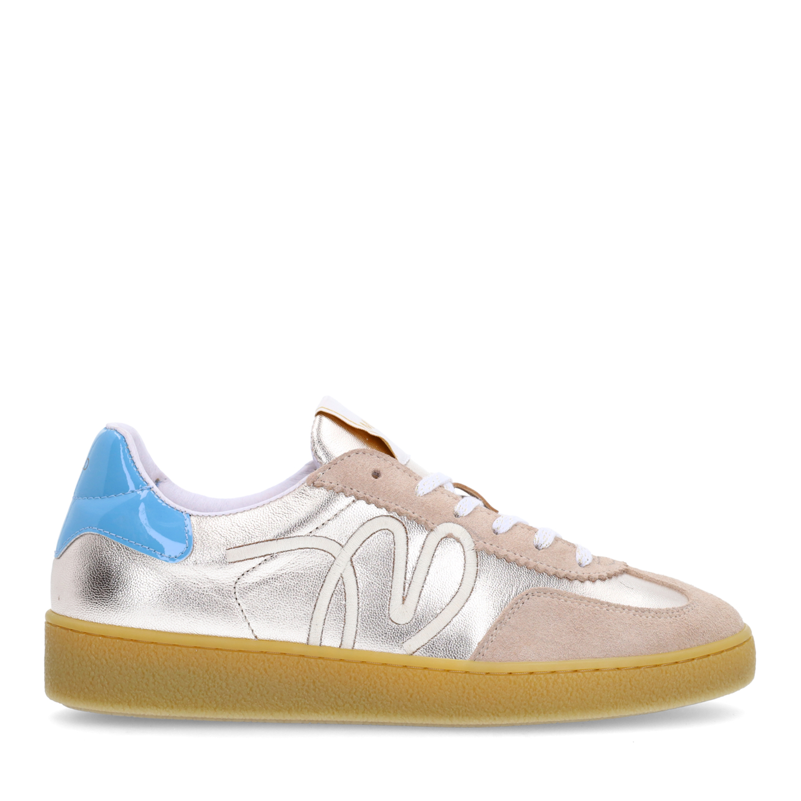 Beige leren sneakers met goudkleurige & blauwe details