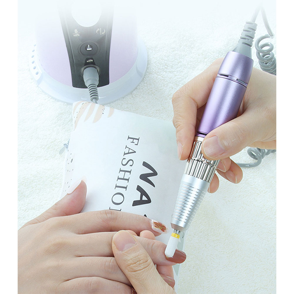(7-tlg. Set) Elektrische LCD Nagelfräse Nagelfeile Polierwerkzeug mit 4 Aufsätzen   Pedale - Weiss / Lila